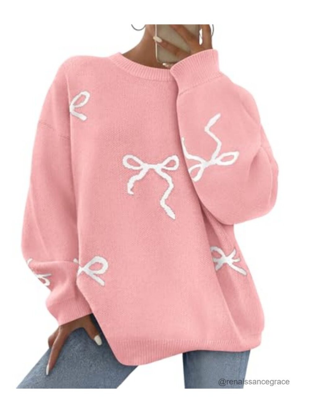Oversized Bow Print Chunky Knit Sweater for Women Long Sleeve Crew Neck Batwing